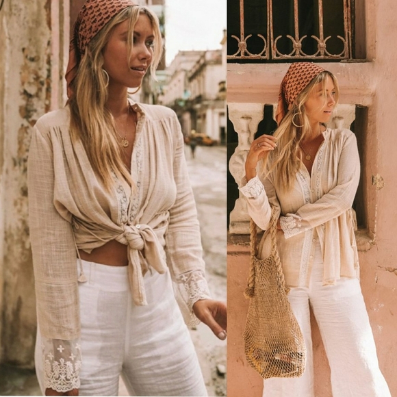 NWT Paloma Blouse XXS Spell Designs Neutral Linen natural buttondown top shirt - Picture 2 of 16